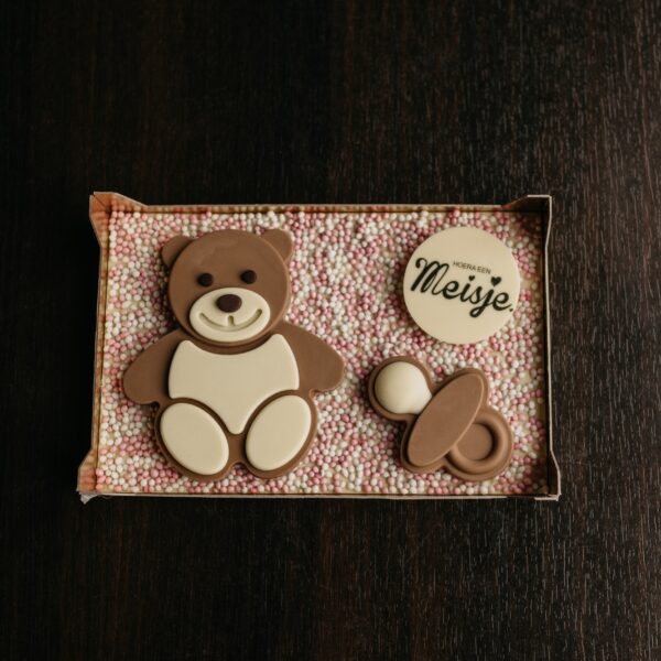 Chocolade babybeer met speen op plak
